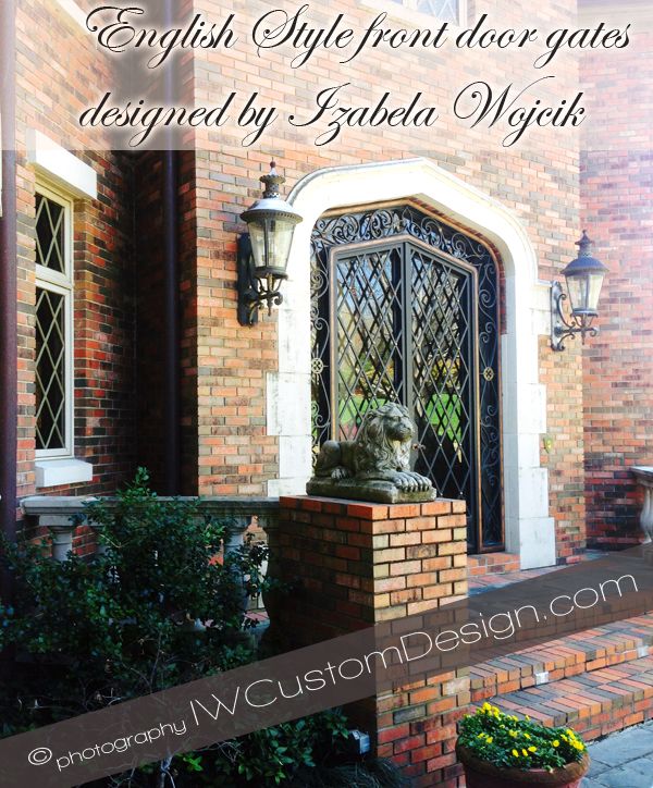 Gothic English Style front door gates in wrought iron, copper, and brass
